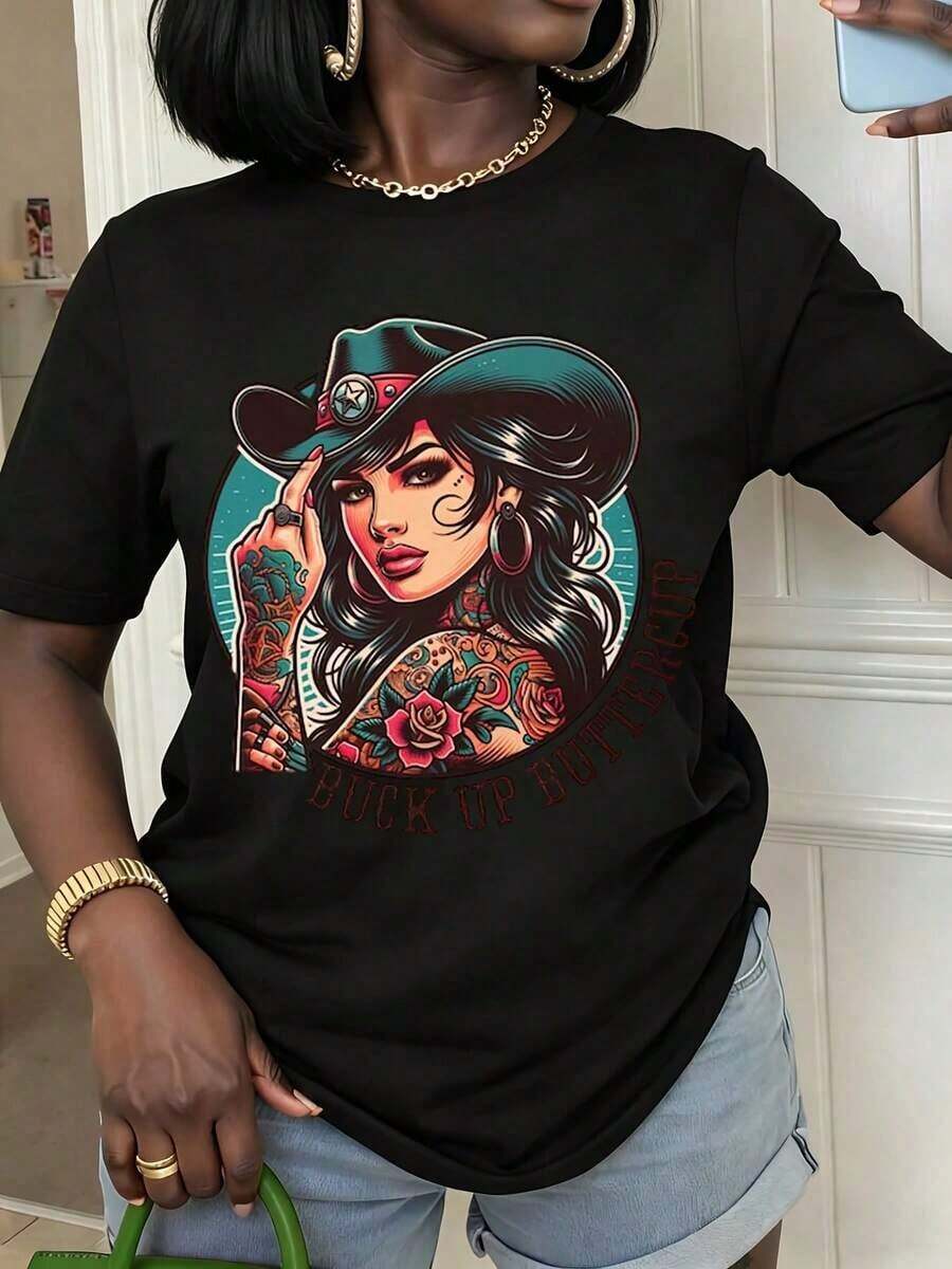 1pcs Women's Tops Summer T-Shirt With With Cowboy Hat And Tattoo Artwork Casual Round Neck Short Sleeve Tee For Spring And Summer Gifts For Friends And Familyplayeras De Mujer - 黑色 - 查看 1