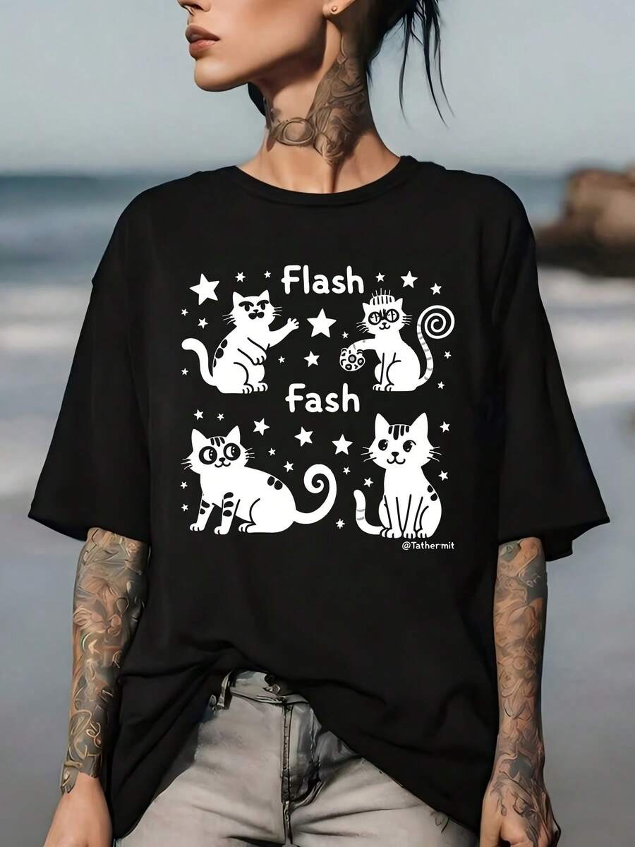 Camiseta con diseño de gato y rayo - El regalo perfecto para familiares y amigos, una prenda cómoda y cálida, ideal para picnics, barbacoas y reuniones familiares - un diseño elegante y divertido adecuado para todas las ocasiones. - Negro - Ver 1