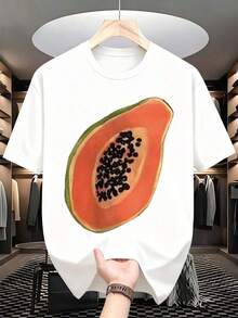 1 Piece Of Women's Papaya Fruit Print T-Shirt, Summer Casual Wear, Fun Food Print T-Shirt, Is A Perfect T-Shirt To Give To Friends And Family On Any Holiday Or Special Occasion, 180g 100% Cotton. - 白色 - 查看 2