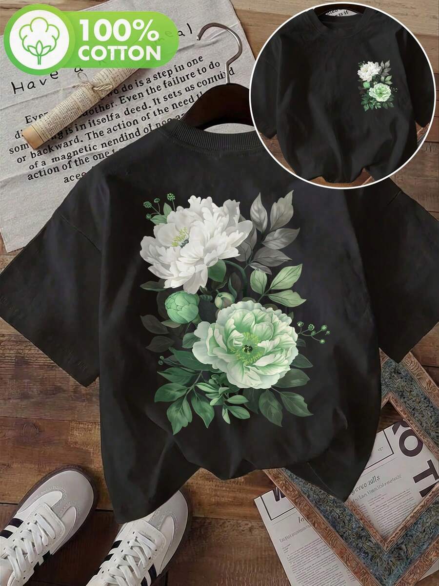 [Double-Sided Print] Fashionable Women's Top, Summer Clothes For Women, Cool Style With Green Peony Leaf Print, Round Neck, Short Sleeve T-Shirt, Winter Clothes For Women - 黑色 - 查看 1