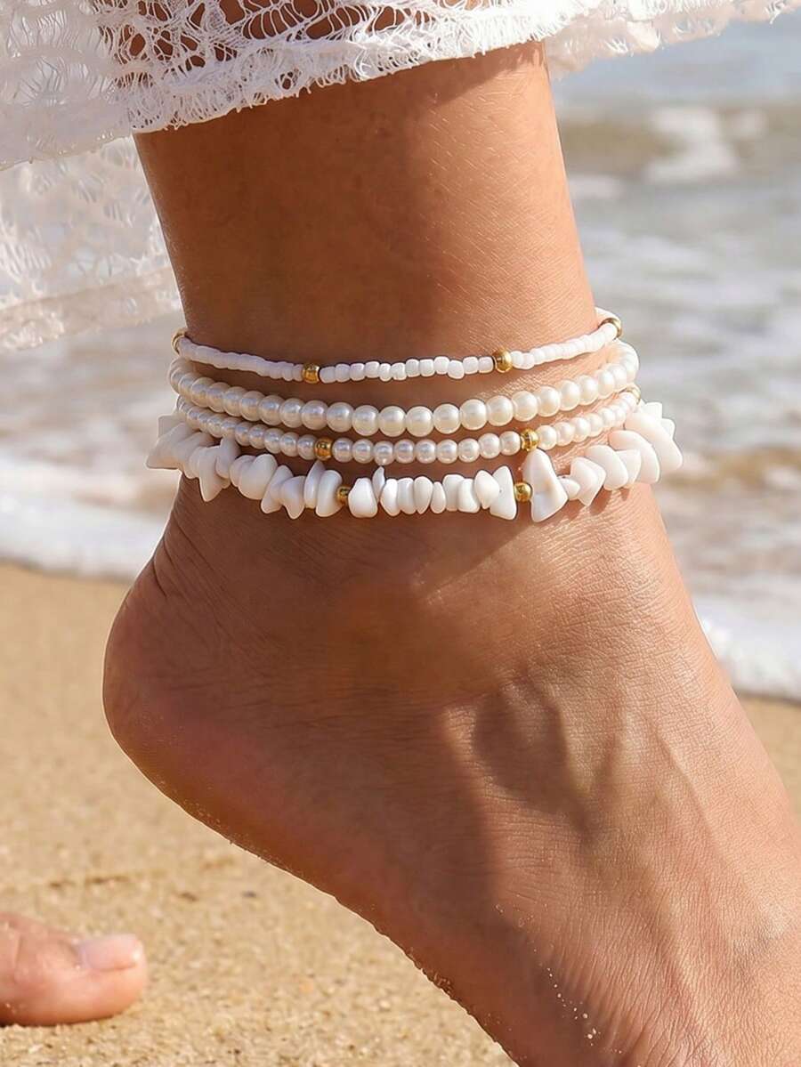 NAIZHU 4件套波西米亚海洋风串珠脚链套装,日常、约会、海滩、度假女性配饰 - 白色 - 查看 1