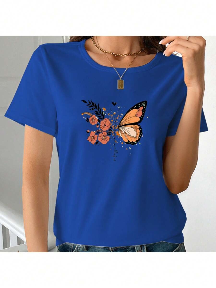 Women's Casual T-Shirt With Butterfly And Flower Design - Hand-Painted Design, Soft Pure Cotton Fabric, Short Sleeves, Round Neck, Breathable Summer Top, Machine Washable, Perfect Gift For Her, Suitable For All Seasons. IJWL - Blue - View 1