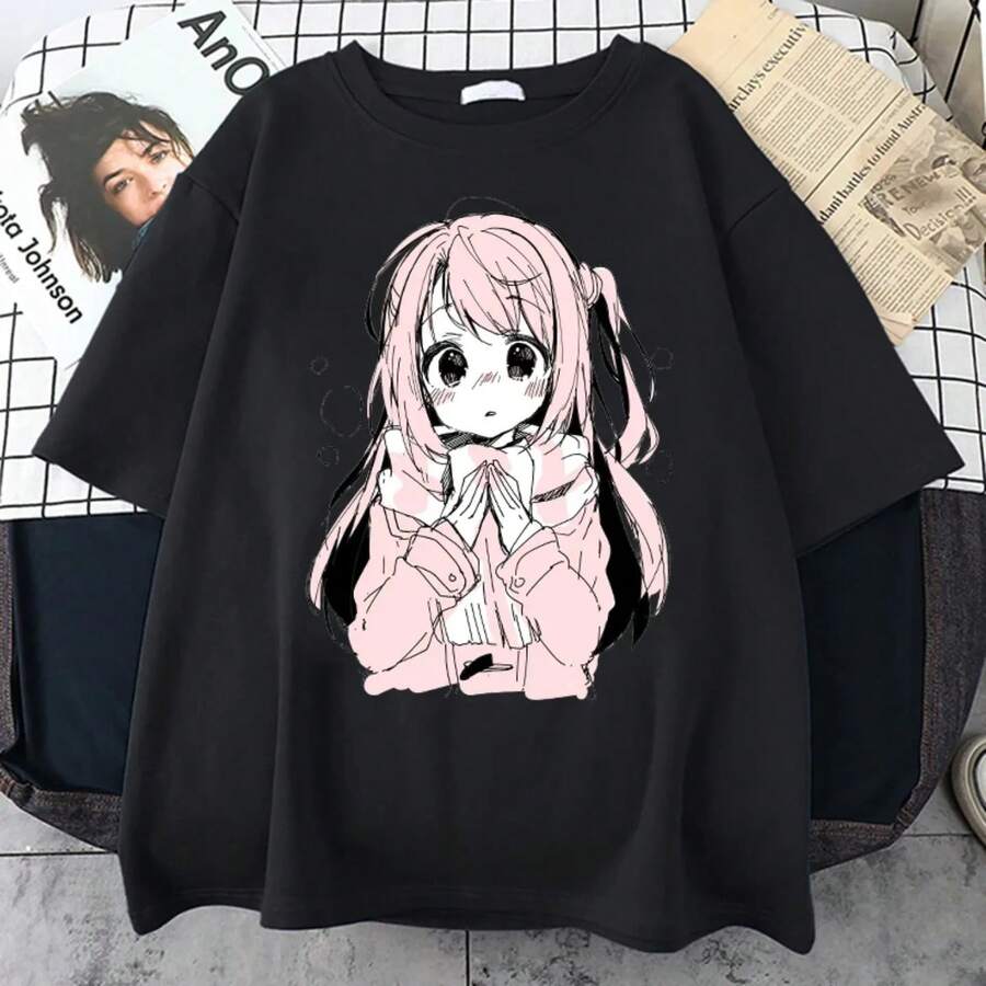 Women's 2026 Large T-Shirt With Anime And Cartoon Print, Kawaii Harajuku Style, Casual Streetwear, Loose Fit, Short Sleeve, Gothic Style - 黑色 - 查看 1