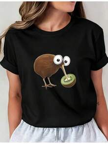 Camiseta Deportiva Casual para Mujer con Diseño de Cartoon - Camiseta Negra Elástica y de Cuello Redondo, Lavable aáquina, Ajuste Cómodo para Todas las Estaciones, Ropa Casual Femenina con Estilo Divertido. - Negro - Ver 1