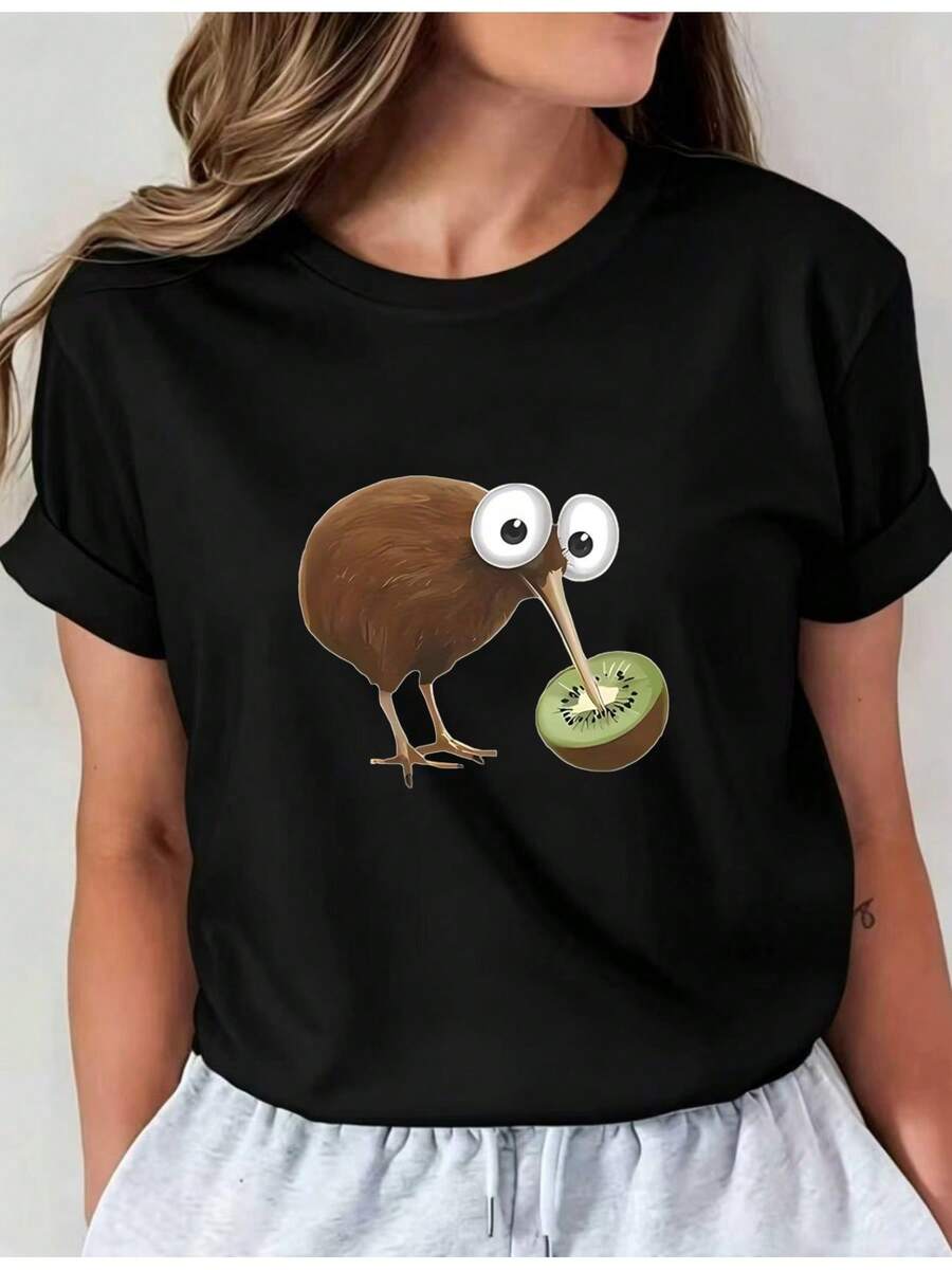 Camiseta Deportiva Casual para Mujer con Diseño de Cartoon - Camiseta Negra Elástica y de Cuello Redondo, Lavable aáquina, Ajuste Cómodo para Todas las Estaciones, Ropa Casual Femenina con Estilo Divertido. - Negro - Ver 1