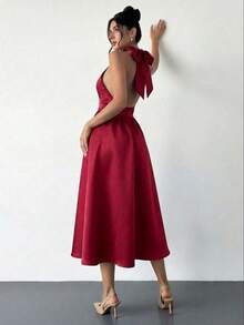 xheFirerie Vestido midi de cintura alta con escote en V y espalda descubierta, de estilo vintage francés con lunares, apropiado para el Día de San Valentín, conciertos, actuaciones, citas, banquetes, bodas, sexy, elegante, ida y vuelta al colegio, vacaciones, playa, románticoxhe - Rosa Roja - Ver 8