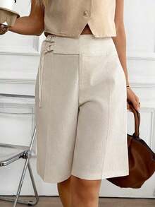 Shorts de lino con botones delanteros, shorts casuales, relajados y elegantes para uso diario o vacaciones para mujeres, primavera/verano - Albaricoque - Ver 5