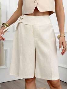 Shorts de lino con botones delanteros, shorts casuales, relajados y elegantes para uso diario o vacaciones para mujeres, primavera/verano - Albaricoque - Ver 7