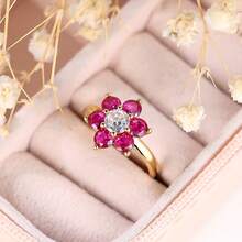 Vanel 1piece Chic Golden Statement Ring, Floral Design With Pink Petals And Clear Center, Fashion Jewelry For Women For Daily Wear - Golden Yellow-rose Red - View 4
