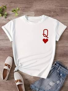 Camiseta con estampado gráfico, manga corta y cuello redondo, top casual para verano y primavera, ropa de mujer - Blanco - Ver 2