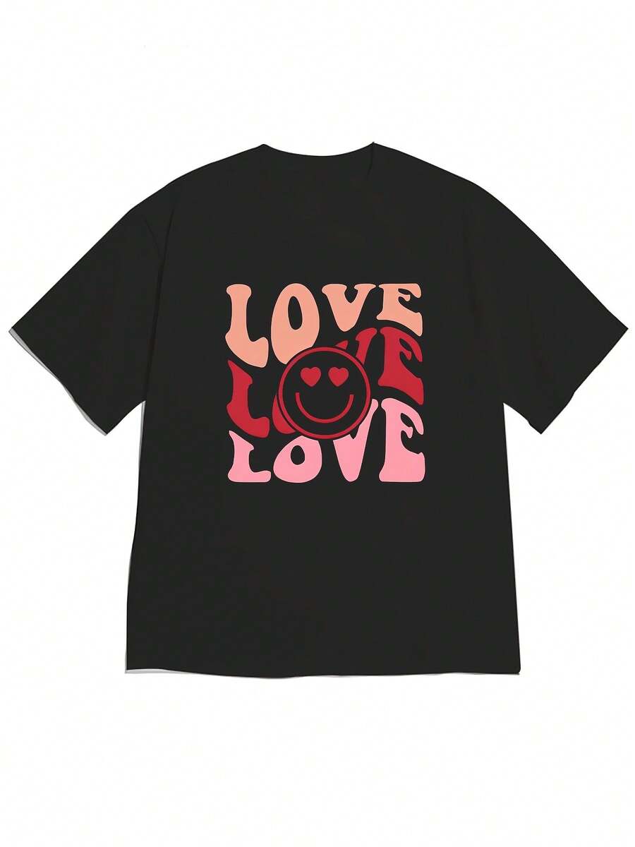 Primavera/Verano 2026, Nueva Camiseta de Manga Corta para Mujer con Hombros Caídos y Corte Holgado para el Día de San Valentín, con Estampado de "Corazón, Sonrisa, Multicolor, AMOR" y Elemento de Dólar Dulce. Estilo fresco y dulce, cómodo y agradable para la piel, perfecto para el uso diario casual de las mujeres - alta calidad. - Negro - Ver 1