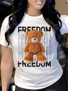 Camiseta de Talla para Mujer con Estampado de Oso de Peluche - Top Suave para Uso Diario con Diseño de Cadena Atractivo, Regalo Casual de Cumpleaños - Camiseta de Manga Corta con Cuello Redondo Lavable aáquina - Camiseta Vintage de Estilo Urbano Unisex de Algodón Suelto con Cuello Redondo y Manga Corta - Blanco - Ver 7