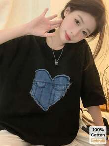 Nueva Camiseta de Moda para Mujer con Cuello Redondo, Edición Limitada, camiseta de manga corta de longitud media con estampado de corazón para mujer, top casual elegante, de algodón ligero, diseño versátil para el verano. - Negro - Ver 3