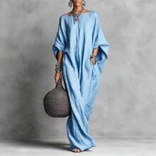Elegant Solid Color Casual Maxi Dress, European American Retro Style 2026, Women's Long Sleeve Off-Shoulder - 酒紅色 - 查看 3