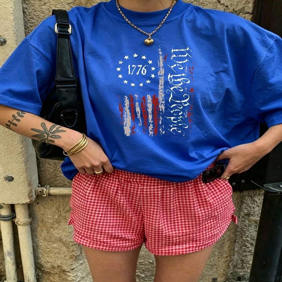Heartfelt Daily Casual Graphic T-Shirt 100% Cotton Oversized Soft Breathable Casual Crewneck Short Sleeve Top Vintage Aesthetic Red White Stripes Stars 1776 Design For Casual Wearers Fashion Lovers Daily Outfit Enthusiasts Gift Givers - 藍色 - 查看 1