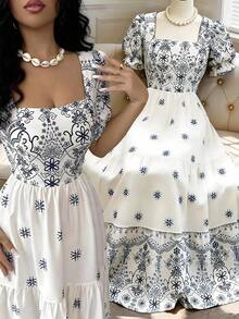 xheElenzga Vestido casual/de trabajo de manga corta con cuello cuadrado y cintura ceñida en línea A con estampado para mujerxhe - Multicolor - Ver 3