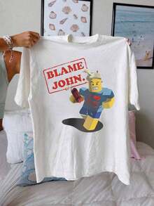 Blame John - Camiseta de manga corta con cuello redondo y estampado gráfico, informal, para mujer, transpirable y cómoda. - Blanco - Ver 2