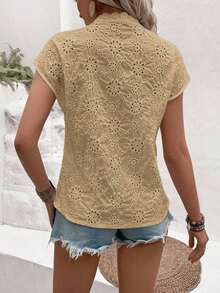 Blusa con bordado con ojal con encaje en contraste de manga murciélago - Albaricoque - Ver 2