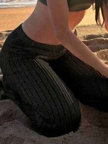 Pantalones de playa de punto de tela de vacaciones, pantalones casuales blancos de moda, estética Y2K, pantalones rectos de verano para la playa - Negro - Ver 1
