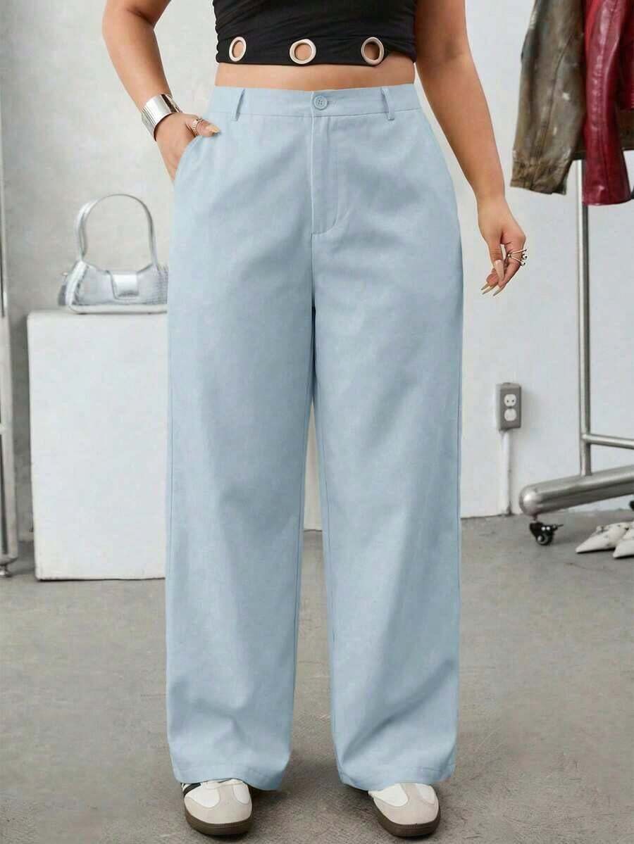 Pantalones casuales básicos de unicolor con bolsillo en ángulo para talla grande, color albaricoque, pantalones de cintura alta para el verano - Niebla azul - Ver 1