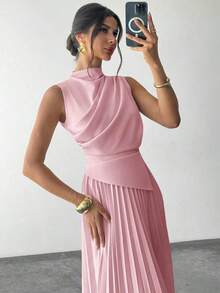Vestido de línea A con cuello de swing sin mangas y volantes, falda paraguas, para volver al colegio, ropa escolar, fiesta, estilo de mujer de dinero antiguo, atuendos para salir, atuendos de fiesta para mujer, atuendos de oficina para mujer, fald - Rosa Pálido - Ver 2
