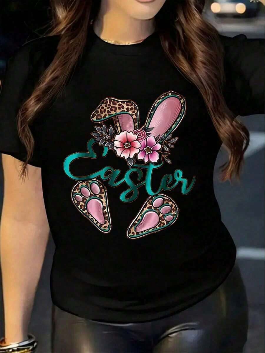 Algodón Camiseta De Mujer % Algodón Con Estampado De Leopardo De Pascua, Diseño Floral Y De Conejito.Cuello Redondo Informal, Manga Corta, Lavable Aáquina, Para Primavera/Verano/Otoño, Regalo De Pascua.Camisetas Con Estampados Temáticos Para Mujer. - Negro - Ver 1