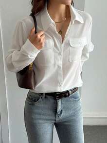 Camisa de mujer de manga larga de unicolor casual, para primavera y otoño, blusas de manga larga estilo Y2K, ropa de mujer de otoño - Blanco 3 - Ver 6