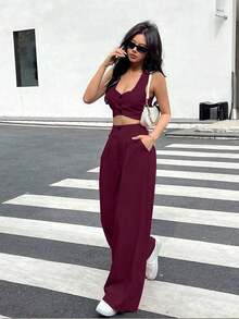 Set de 2 piezas para mujer, top corto de un solo pecho liso y pantalones - Rojo violeta - Ver 3