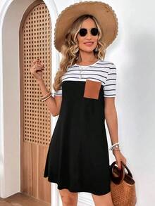 Vestido estilo camiseta con estampado de rayas con parche de bolsillo - Negro - Ver 4