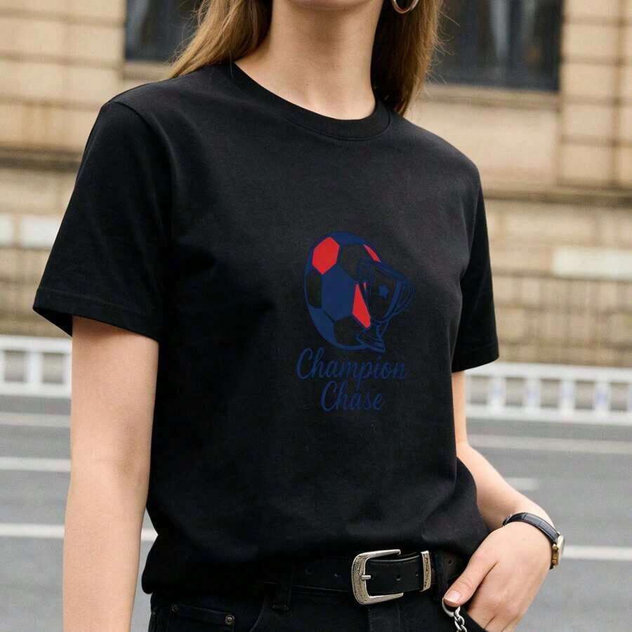 1 Graphic T-Shirt With The Champion Chase Football Trophy, Women's Short Sleeve T-Shirt, Plus Size S-5XL, Summer Top, 180g, 100% Cotton. - 黑色 - 查看 1