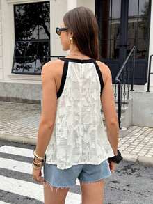 Frenchy Blusa de diseño sencillo con cuello redondo y ribete de contraste sin mangas, Parte superior sin mangas con diseño de ribete de color block y bajo asimétrico, Tela de textura de lino slub, Camiseta sin tirantes envolvente de cuello halter de nicho versátil, Blusa blanca, Fresca y artística, Para vacaciones de verano, Elegante blusa de mujer, Parte superior para dama de honor, Parte superior para fiesta - Albaricoque - Ver 2