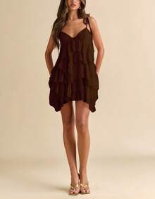 Women's Short Dress With Layered Ruffles, Thin Straps, V-Neck, Summer Fashion - Rust Brown - View 3