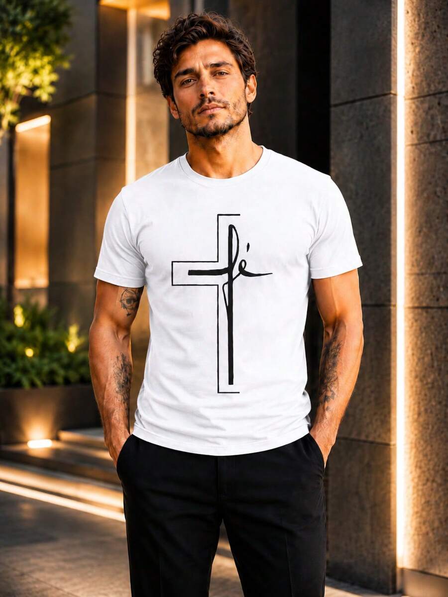 Camiseta Gospel Masculina Cruz Fe 100% Algodão - Branco - Visão 1