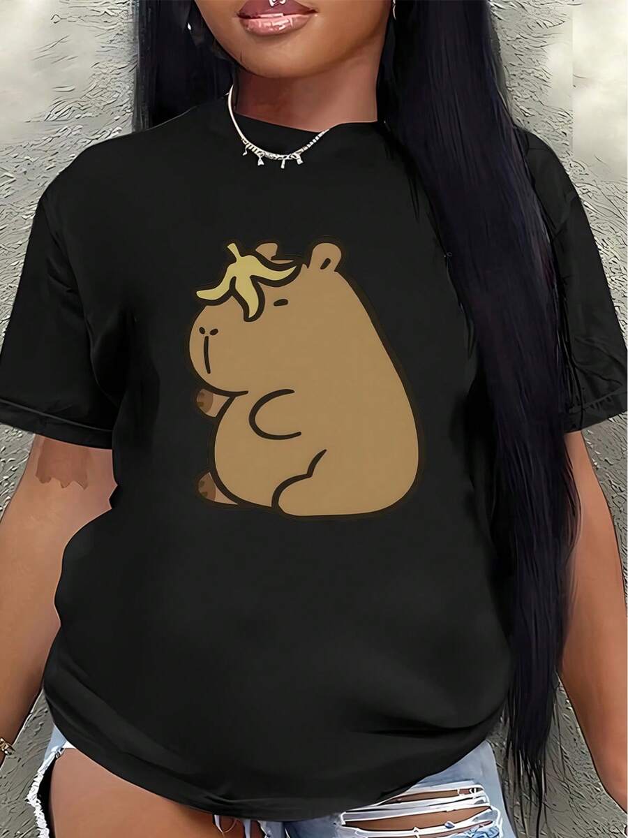 Polyester Short-Sleeved T-Shirt, Printed With A Cute Design Of A Hippopotamus Eating A Banana, Lightweight And Durable, Suitable For Home, Office, Or Casual Wear In Restaurants, Comfortable And Fitted For Everyday Wear. Women's Blouses > Clothing - 黑色 - 查看 1