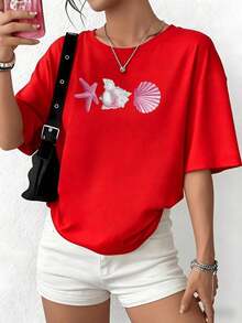 100% Cotton. Pink Seashells And A Starfish Evoke The Calm Of The Ocean And The Freedom Of Summer On This Soft And Comfortable 100% Cotton Women's T-Shirt. Women's Simple Solid Color T-Shirt, Loose And Slim Fit Casual Short Sleeve - 紅色的 - 查看 10