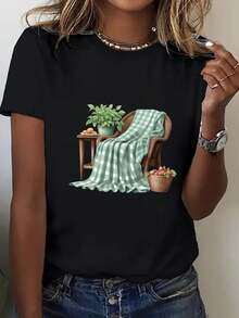 Plus Size, Oversized T-Shirt For Women - Casual Loose Fit T-Shirt For Everyday Wear, Breathable Summer Top For Women, Basic European And American Style T-Shirt For Everyday Wear, Ladies' T-Shirts, Relaxed Outfit, Geometric Print, Lightweight Material, Short Sleeve T-Shirt, For Adults, Suitable For Spring, Summer And Autumn - 黑色 - 查看 1