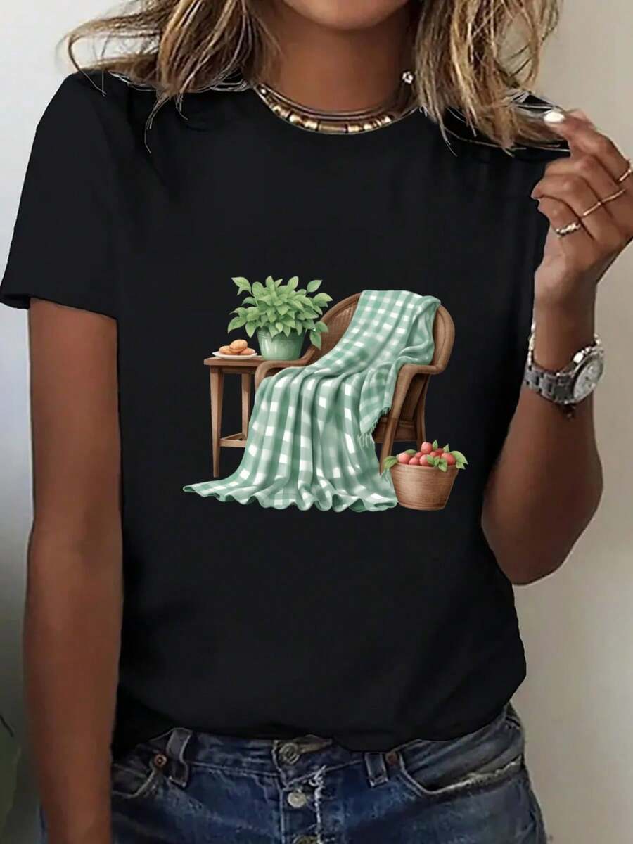 Plus Size, Oversized T-Shirt For Women - Casual Loose Fit T-Shirt For Everyday Wear, Breathable Summer Top For Women, Basic European And American Style T-Shirt For Everyday Wear, Ladies' T-Shirts, Relaxed Outfit, Geometric Print, Lightweight Material, Short Sleeve T-Shirt, For Adults, Suitable For Spring, Summer And Autumn - 黑色 - 查看 1