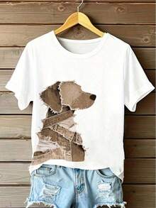 Women's Casual T-Shirt With Heart And Airplane Print - Short Sleeve, Round Neck, Polyester Blend, Ideal For Spring And Summer Fashion, Travel Themed Clothing, Casual T-Shirt With Round Neck Print, White, 100% Cotton - 白色 - 查看 1