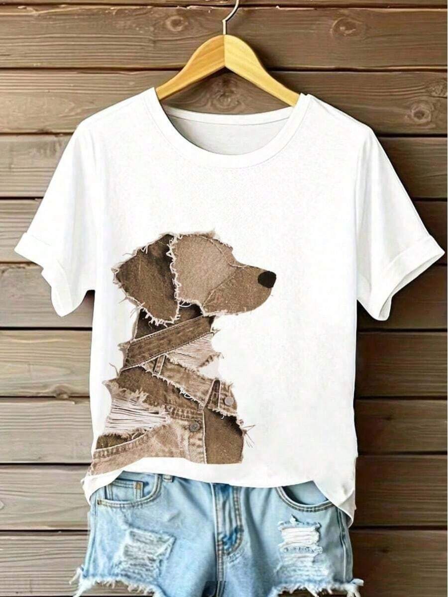 Women's Casual T-Shirt With Heart And Airplane Print - Short Sleeve, Round Neck, Polyester Blend, Ideal For Spring And Summer Fashion, Travel Themed Clothing, Casual T-Shirt With Round Neck Print, White, 100% Cotton - 白色 - 查看 1