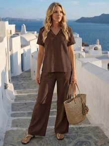 Faunlyn Conjunto de 2 piezas de camisa y pantalones de unicolor casual de vacaciones para mujer - Marrón - Ver 1