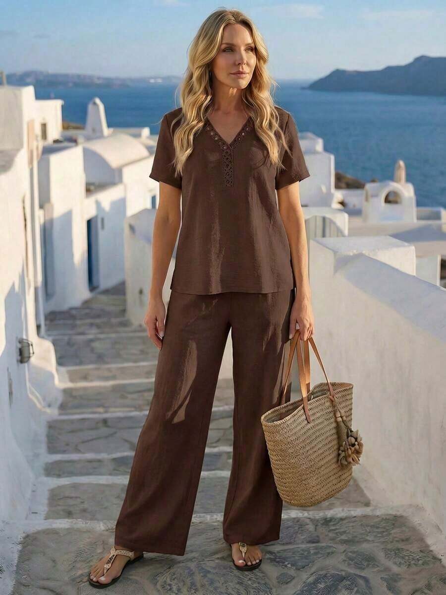 Faunlyn Conjunto de 2 piezas de camisa y pantalones de unicolor casual de vacaciones para mujer - Marrón - Ver 1