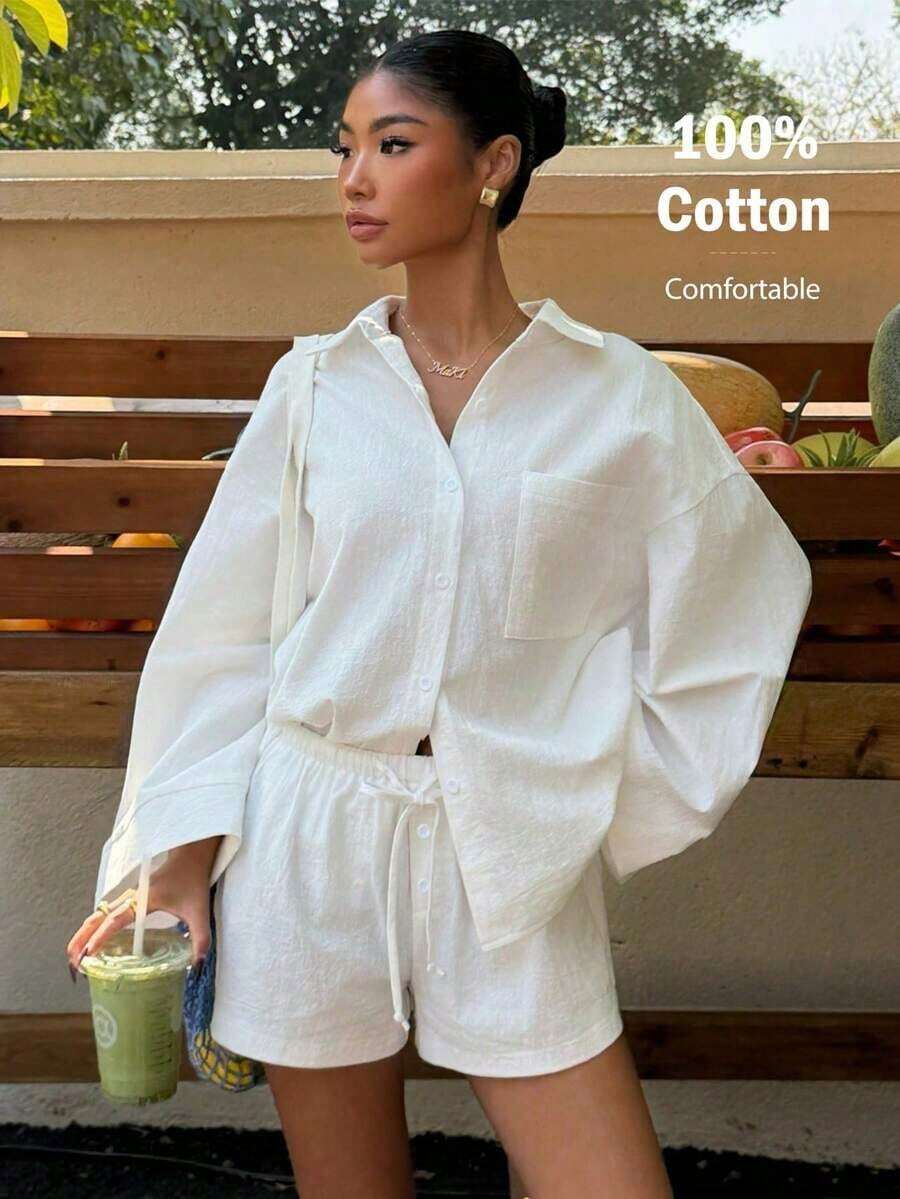 Conjunto de camisa tejida blanca y pantalones cortos de verano, nuevo y casual para vacaciones de mujer - Blanco - Ver 1
