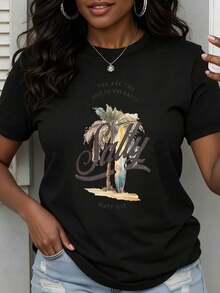 Camiseta de Moda para Mujer con Estampado de Palmera y Tabla de Surf, Versículo Bíblico Mateo 5:13, para Playa y Uso Casual de Verano Adecuado como regalo. playera de mujer. blusas>elegantes. boho chic,Top de mujer suave, transpirable y cómodo, ideal para primavera, verano y otoño, perfecto para vacaciones, viajes y uso diario. - Negro - Ver 2