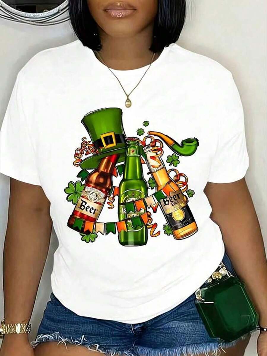 Camiseta de manga corta con cuello redondo y estampado para mujer Botellas de cerveza Sombrero de duende Pipa Trébol S-3XL moda, cómodo y transpirable uni lavable a máquina