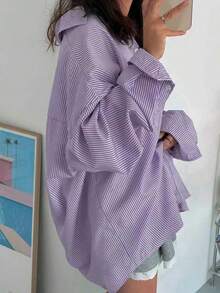 Plus Size Women's Striped Button-Up Shirt, Long Dropped Shoulder Sleeve, Woven Fabric - Purple - View 7