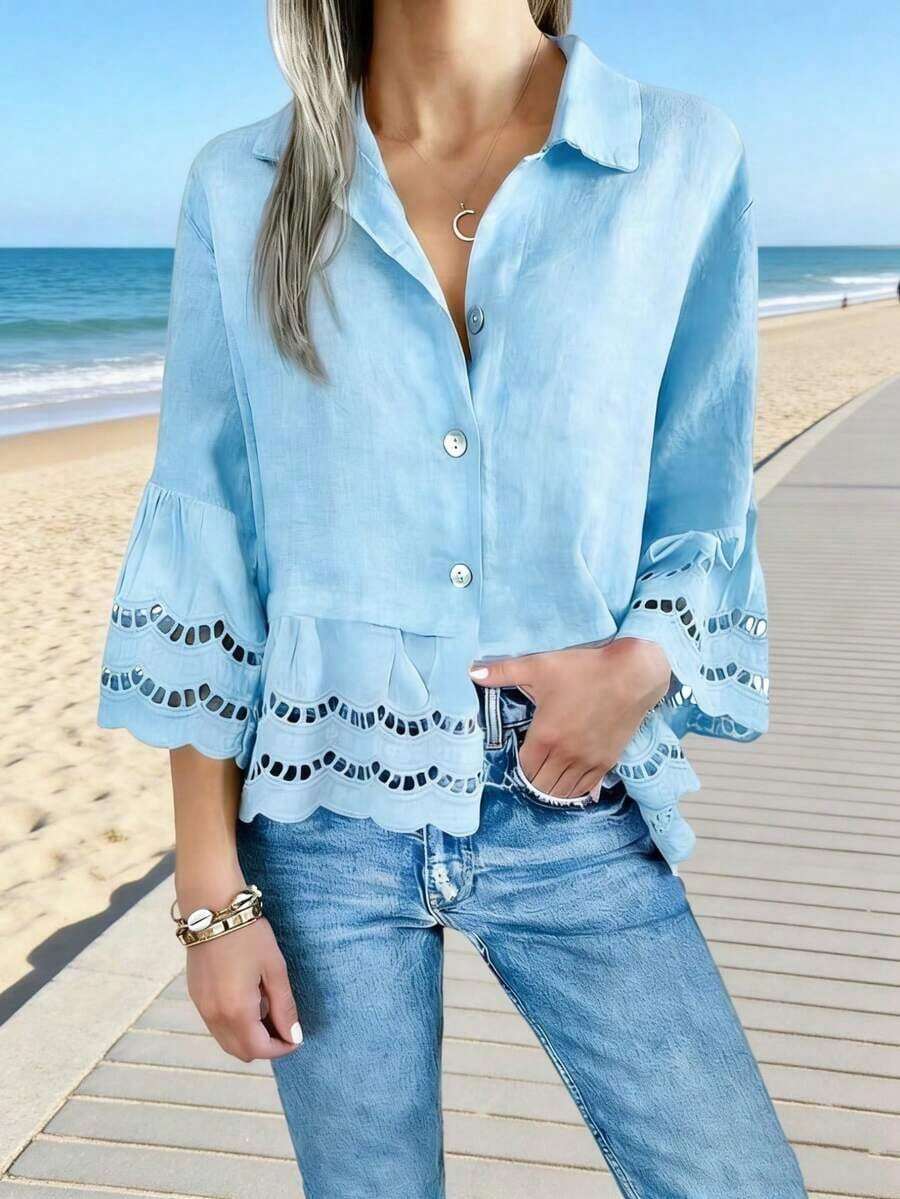 Blusa de unicolor con botones delanteros, volantes y bajo hueco para primavera - Negro - Ver 1