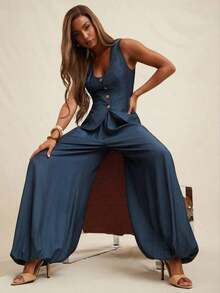 Women's Set (Top And Pants) Vest-Style Top With V-Neck And Button Closure, High-Waisted Fitted Pants With Pleats, Suitable For Office, Business, Casual, Brunch, Church, Autumn And Winter, Suitable For Office Attire - 白色 - 查看 12