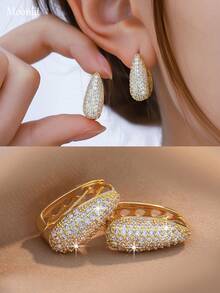 1 Pair Elegant Jewelry, U-Shaped Cubic Zirconia Decorated Silver-Plated Earrings, Suitable For Women's Daily Wear, Holiday Gift - Gold - View 1