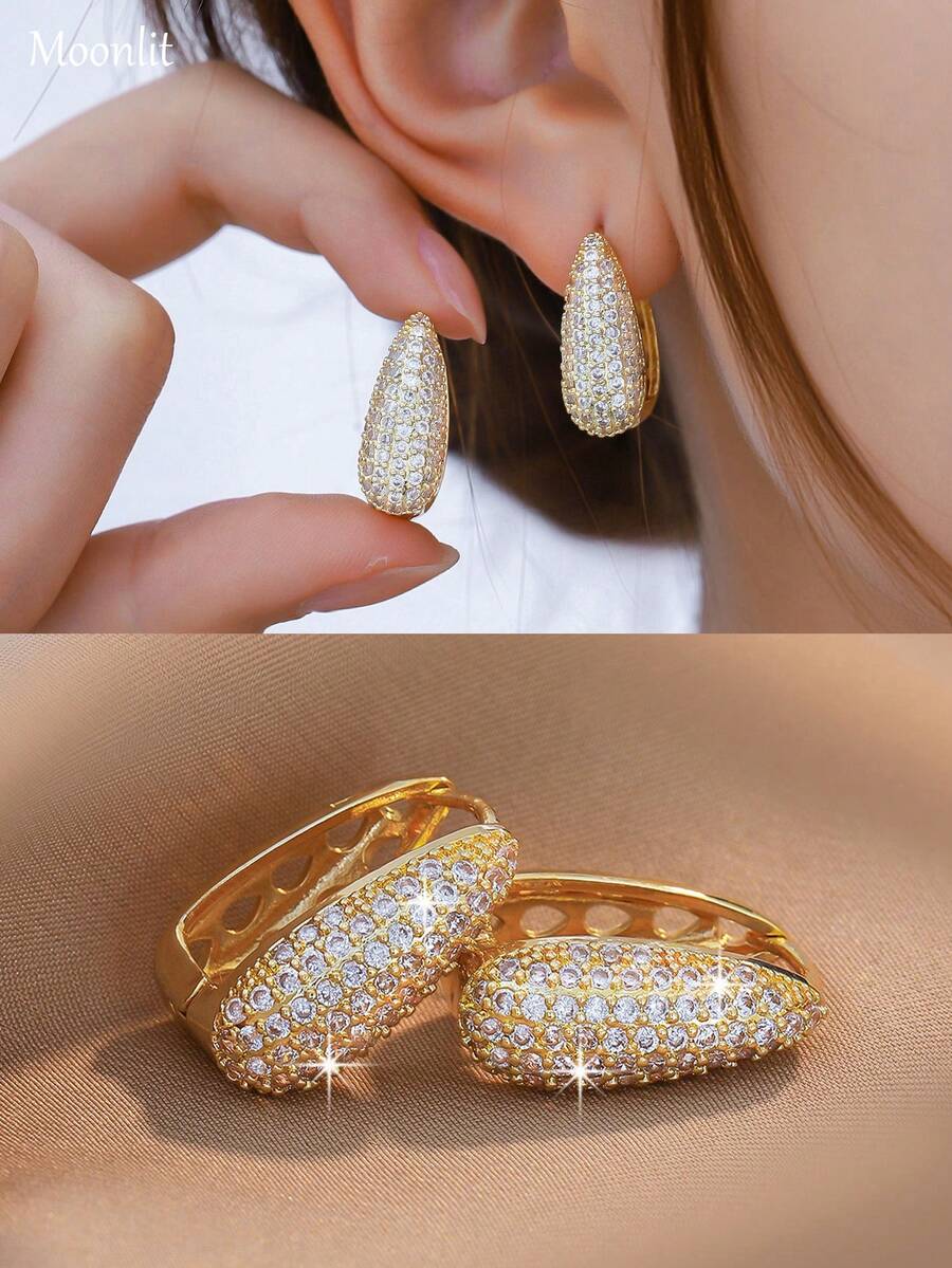 1 Pair Elegant Jewelry, U-Shaped Cubic Zirconia Decorated Silver-Plated Earrings, Suitable For Women's Daily Wear, Holiday Gift - Gold - View 1