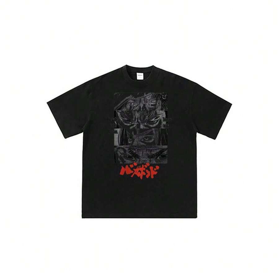 Camiseta unisex de manga corta ligera de verano con estampado de personaje de Vagabond-Miyamoto-Musashi con ojos intensos - Negro - Ver 1